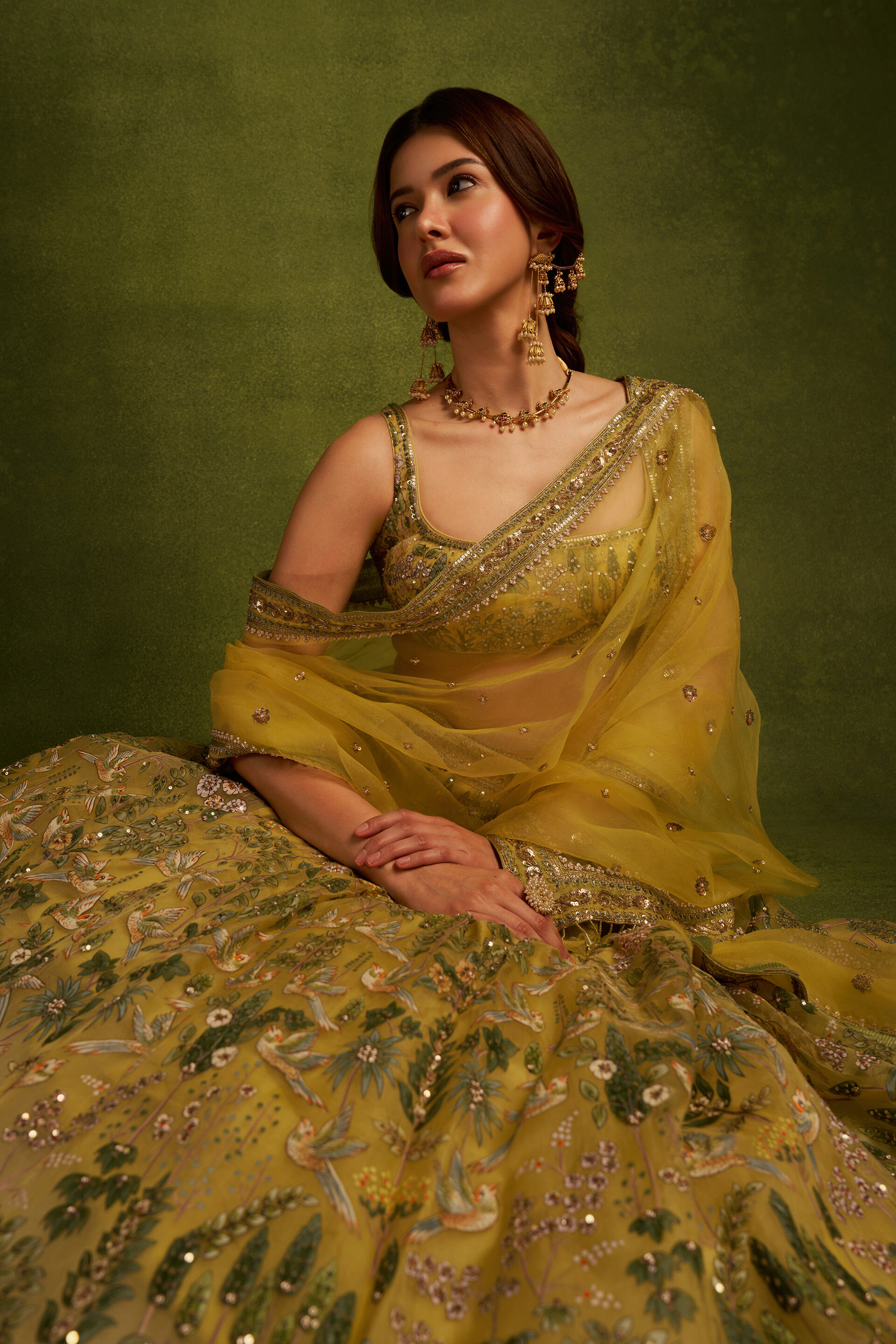 Meadowlark Hand-painted Pichhwai Silk Lehenga Set - Yellow